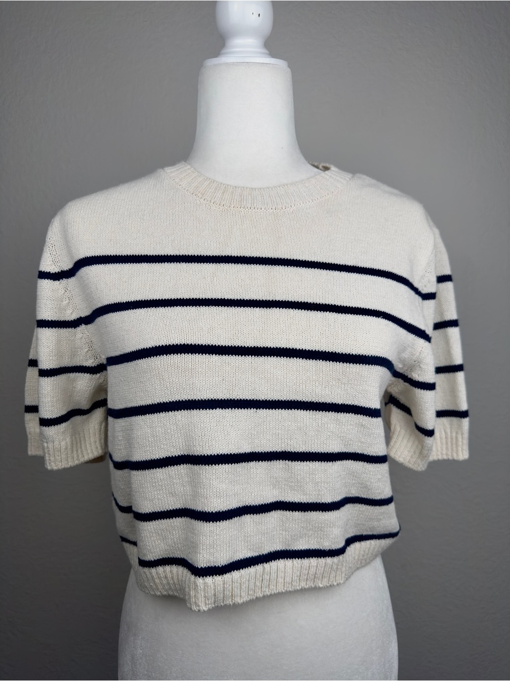 NWT H&M Cream and Navy Striped Knit Short Sleeve Sweater